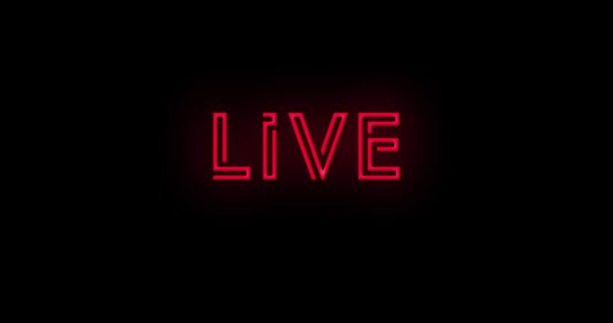 Flashing neon red LIVE color sign on black background on and off with flicker