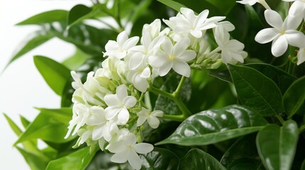 Lush white jasmine flowers blooming among vibrant green leaves.