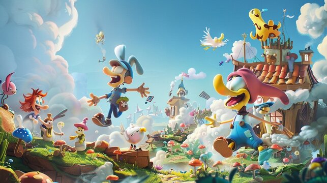 Playful cartoon characters frolicking in a whimsical world of imagination.