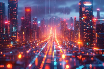 Fototapeta premium A futuristic 3D visualization of a cyber cityscape with advanced digital infrastructure and neon lights 