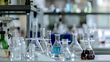 Fotobehang Chemical Research Laboratory with Glassware Equipment . A scientific laboratory filled with an array of glassware containing various chemical solutions, indicative of ongoing chemical research and exp © phairot
