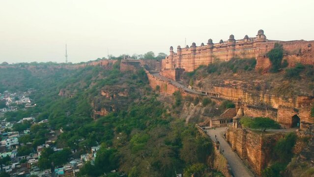 Aerial drone shot of Gwalior fort or castle and Maan Singh palace at morning time in Madhya Pradesh india