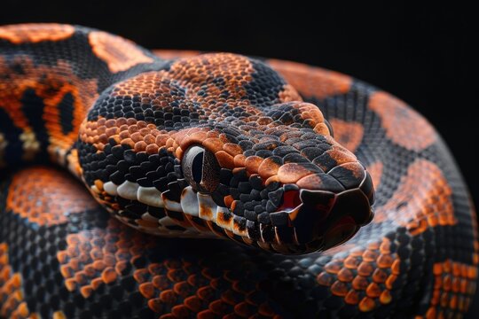 Head of Dominican red mountain boa snake on black background. AI Generated 
