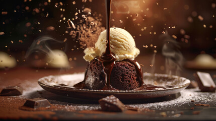 Exquisite warm chocolate pudding with vanilla ice cream getting a decadent pour of chocolate sauce - obrazy, fototapety, plakaty