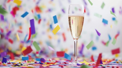 Champagne glass with confetti, celebration of success and festivities. - obrazy, fototapety, plakaty