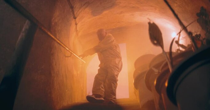The video captures a person entering a dark nuclear bunker wearing a protective suit after a nuclear aftermath, emphasizing caution and readiness in a hazardous environment.
