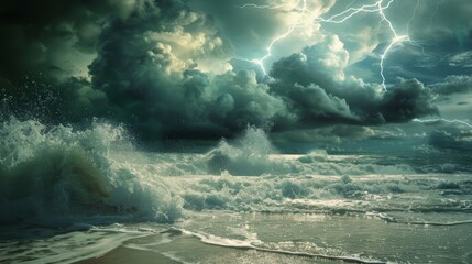 The tranquil ocean beach is suddenly disrupted by a raging storm with crashing waves and crackling lightning creating a sense of chaos and beauty. - obrazy, fototapety, plakaty
