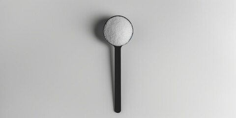 A black spoon filled with powdered sugar isolated on a grey background. - obrazy, fototapety, plakaty