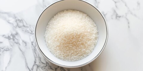 Fototapeta na wymiar Bowl of white granulated sugar on a marble background, baking ingredient.