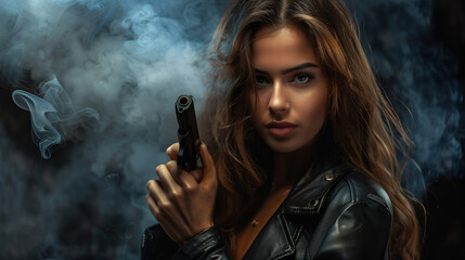 beautiful sexy girl holding gun beautiful sexy girl holding gun . smoke background side view of brunette young woman with closed eyes holding gun isolated on white, Generative Ai - obrazy, fototapety, plakaty