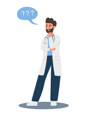 Male doctor in doubt. Thinking man in uniform with question mark. Searching for trouble solution. Vector illustration in flat cartoon style.
