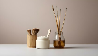 A minimalist composition featuring a solitary bamboo brush and a jar of cream, with their soft earthy tones perfectly complementing each other.