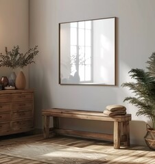 Mockup Frame in a Welcoming Farmhouse Living Room Interior, 3D Render. Made with Generative AI Technology
