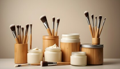A creatively arranged scene with multiple bamboo brushes of various sizes and a jar of cream, forming an artistic pattern against a neutral backdrop.