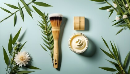 A creative flat lay arrangement of a bamboo brush nestled beside a jar of cream, accessorized with...
