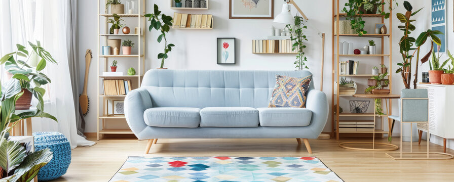 A bright living room with wooden floors, a light blue sofa and bookshelves. The walls have white paint and there is a carpet on the floor in a geometric pattern