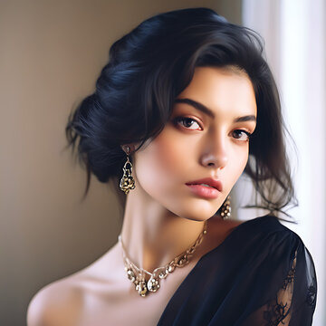 A stunning woman wearing a black dress and elegant jewelry, radiating beauty and sophistication.
