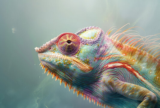 A colorful chameleon with its skin blending seamlessly into the background, macro photography
