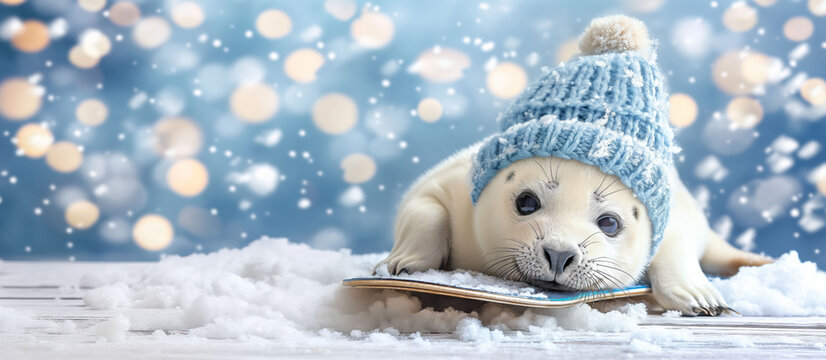  Seal pup wearing a knitted hat on a sled, depicting a whimsical winter scene.