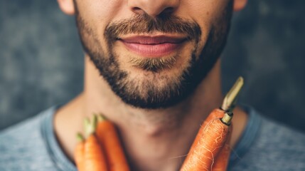 Man with carrots as beard sticks, playful concept of healthy eating and lifestyle. - obrazy, fototapety, plakaty