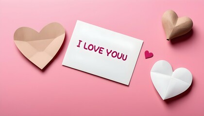 Craft envelope, blank paper white card and wooden heart with the words i love you on a pink background
