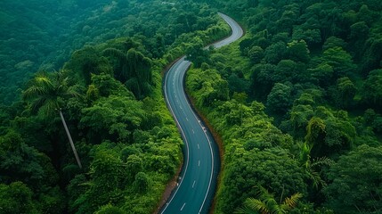Beautiful curve road on green forest in the rain season