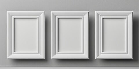  Set of three blank white picture frames on a gray wall, gallery wall concept.