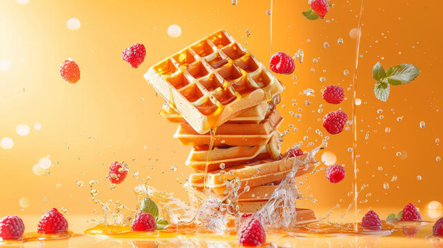 A stack of golden waffles with raspberries and a syrup splash captures a vibrant and appetizing moment