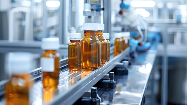 Pharmaceutical Production Line with Medicine Bottles
. Automated conveyor belt in a pharmaceutical manufacturing plant, meticulously filling and packaging amber medicine bottles.

