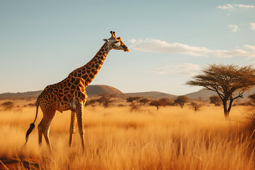 A graceful giraffe walks through the tall grass of the African savanna at sunset, with acacia trees...