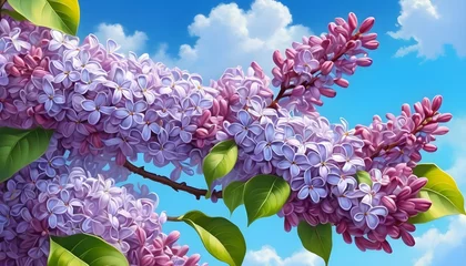 Fototapeten Blooming lilac flowers on a tree with the blue sky © Zulfi_Art