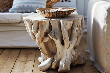  A coastal-inspired side table crafted from bleached driftwood, its organic shapes and textures bringing a sense of seaside serenity to any space.
