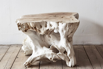  A coastal-inspired side table crafted from bleached driftwood, its organic shapes and textures bringing a sense of seaside serenity to any space. 
 - obrazy, fototapety, plakaty