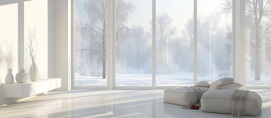 Scandinavian interior design with white room and winter landscape through window