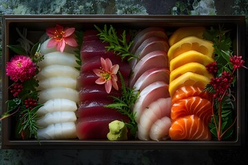 Assorted Sushi Delights in a Box Featuring Salmon, Tuna, Roe, and Avocado Rolls.