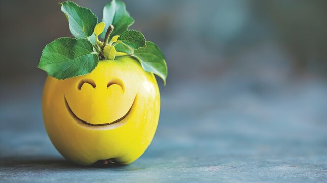 Yellow apple with a leafy stem and a carved smiling face, simple backdrop.