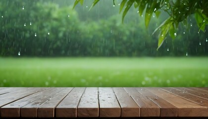 A refreshing view of an empty wooden table top nestled in a lush green lawn, as raindrops elegantly slide down the leaves of plants in the backdrop.