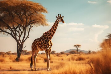 Obraz premium A graceful giraffe walks through the tall grass of the African savanna at sunset, with acacia trees in the background