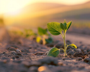 Roadside, sunflower seedlings in dust from passing cars, sunset glow, side view, harsh reality.