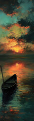 Old boat, panda fishing, water painted by sunset, still waters, panoramic, timeless tranquility.