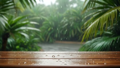 An exquisite shot of an empty wooden table top adorned with raindrops, and a lush green natural in the blurred palm leaves.