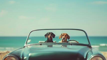 Naklejka premium A Dachshund and Beagle duo enjoy a sunny drive along the coastline in a vintage convertible, with the ocean breeze ruffling their fur, capturing the essence of carefree travel and adventure.