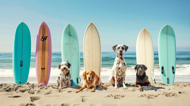 Five spirited dogs of diverse breeds pose proudly beside a colorful array of surfboards on a sunny beach, invoking a whimsical sense of summer adventure and companionship in the surf community.