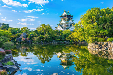 The majestic castle of Osaka stands tall in the background, while lush greenery and meticulously...