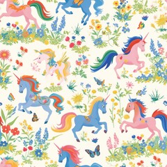 Prancing ponies with rainbow manes frolic across fields of wildflowers, accompanied by flitting butterflies in a magical seamless pattern, perfect for a whimsical wallpaper or a fairy-tale fabric.