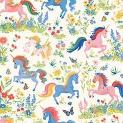 Obraz premium Prancing ponies with rainbow manes frolic across fields of wildflowers, accompanied by flitting butterflies in a magical seamless pattern, perfect for a whimsical wallpaper or a fairy-tale fabric.