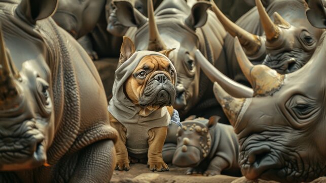 In a surreal display, a Shar-Pei dog in a rhino costume stands pensively among a crowd of rhinos, blurring the line between reality and imagination.