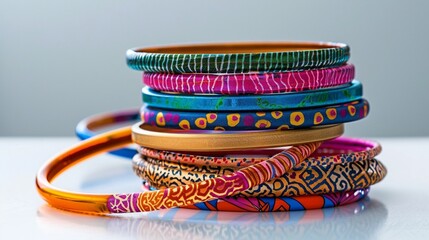 Stack of colorful bangles arranged neatly on a white surface, showcasing vibrant hues and playful patterns.