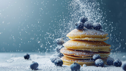 A closer perspective of blueberry pancakes with a snowy sugar dusting, evoking sensations of winter warmth - obrazy, fototapety, plakaty