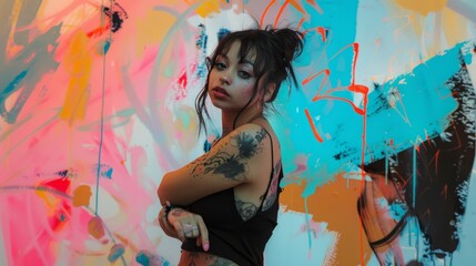 Fototapeta premium Capturing the essence of individuality, a tattooed young woman stands defiantly with an abstract colorful background, her tattoos narrating a story of personal artistry and bold expression.